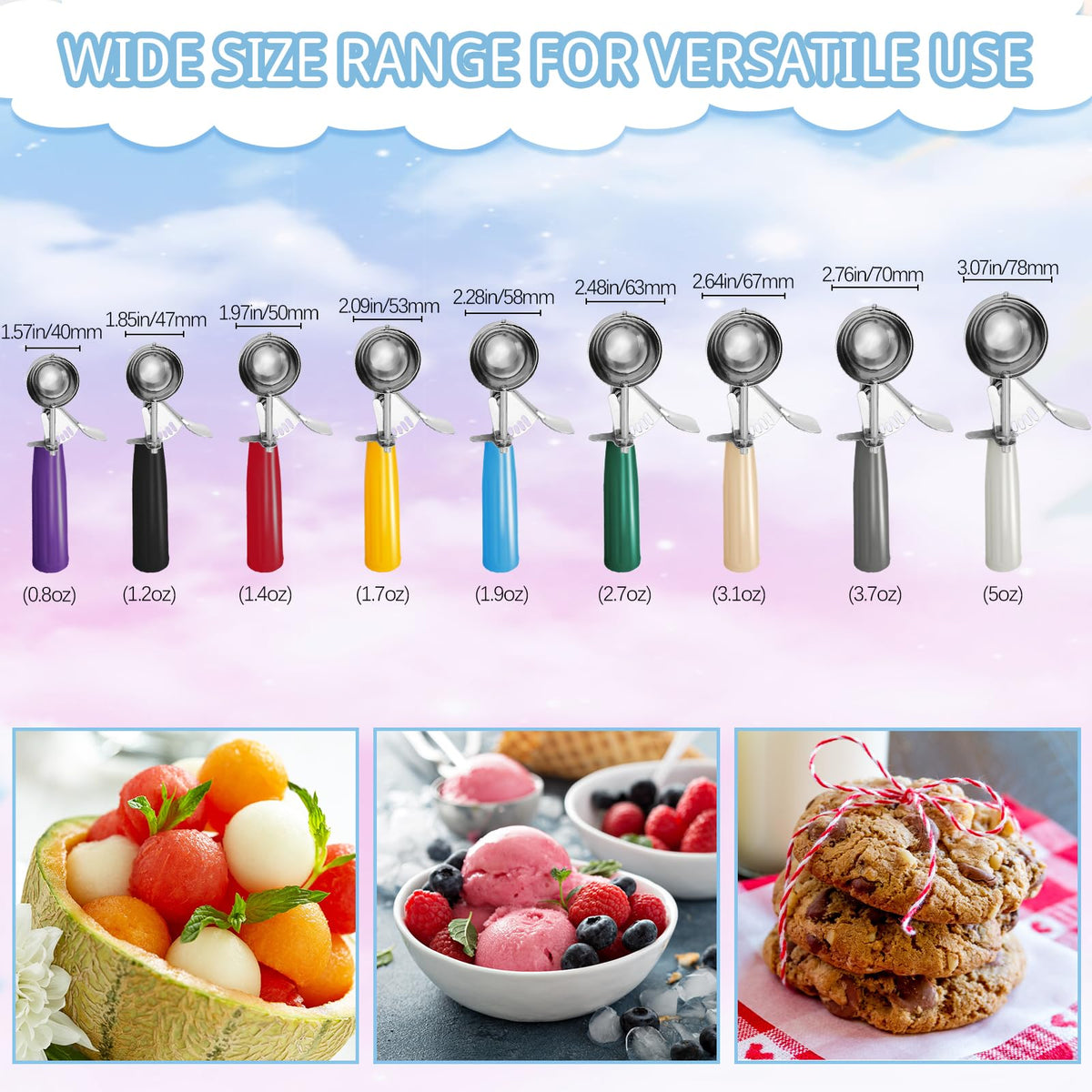 9 Pcs Ice Cream Scoops Stainless Steel Cookie Portion Scoop with Handle for Baking Food Cookie Dough Cupcake Batter (9 Count)