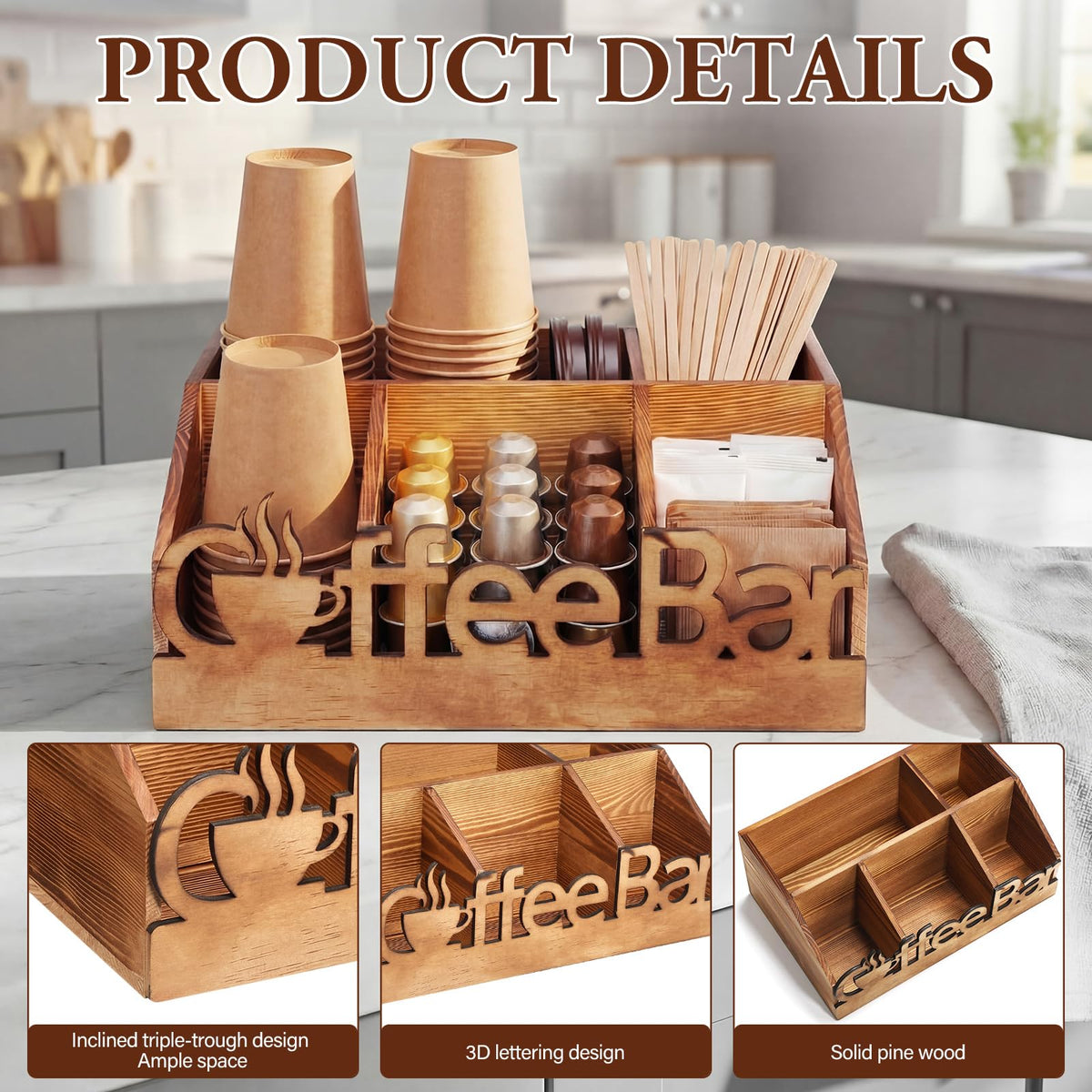 Coffee Station Organizer for Counter Wood Countertop Accessories Organizer Coffee Pods Holder Storage Basket for Pods Condiment Syrup Tea Cups Stirrers for Rustic Bar Decoration