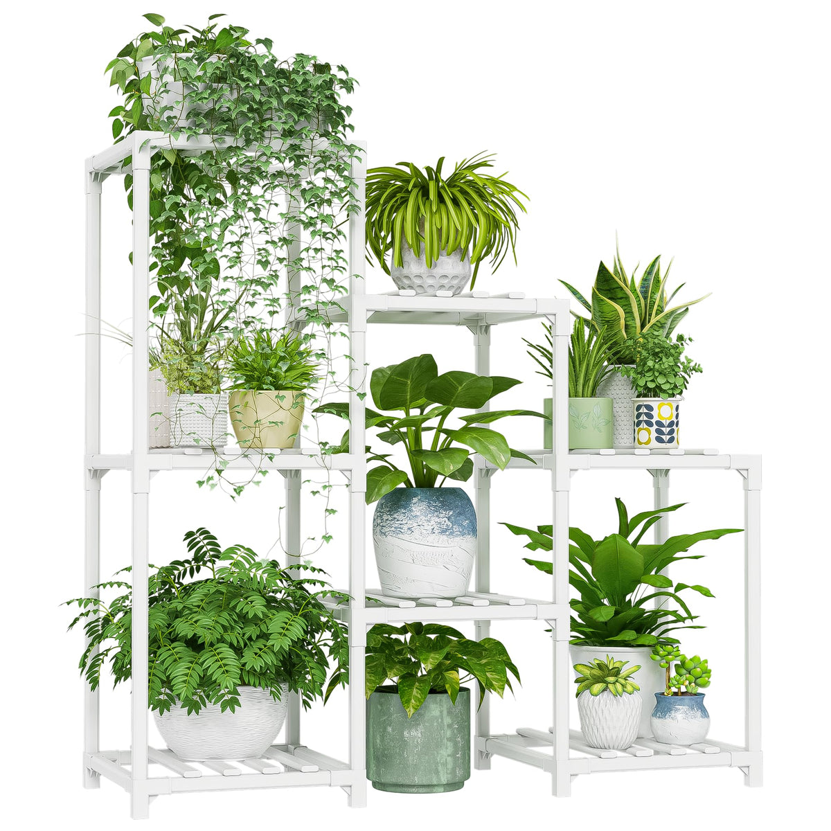 Indoor Plant Stand Outdoor White Shelf Bamboo Plant Table for Multiple Plants 3 Tiers 7 Pots Ladder Holder Pot Window Garden Balcony Living Room