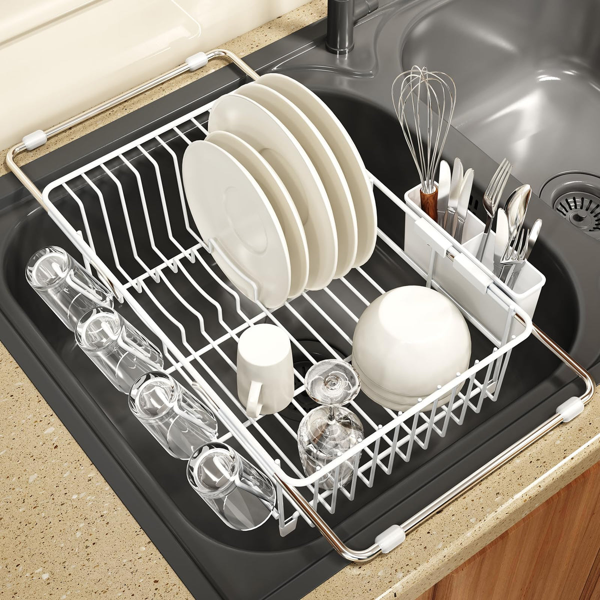 White Dish Drying Rack Over The Sink with Utensil Holder