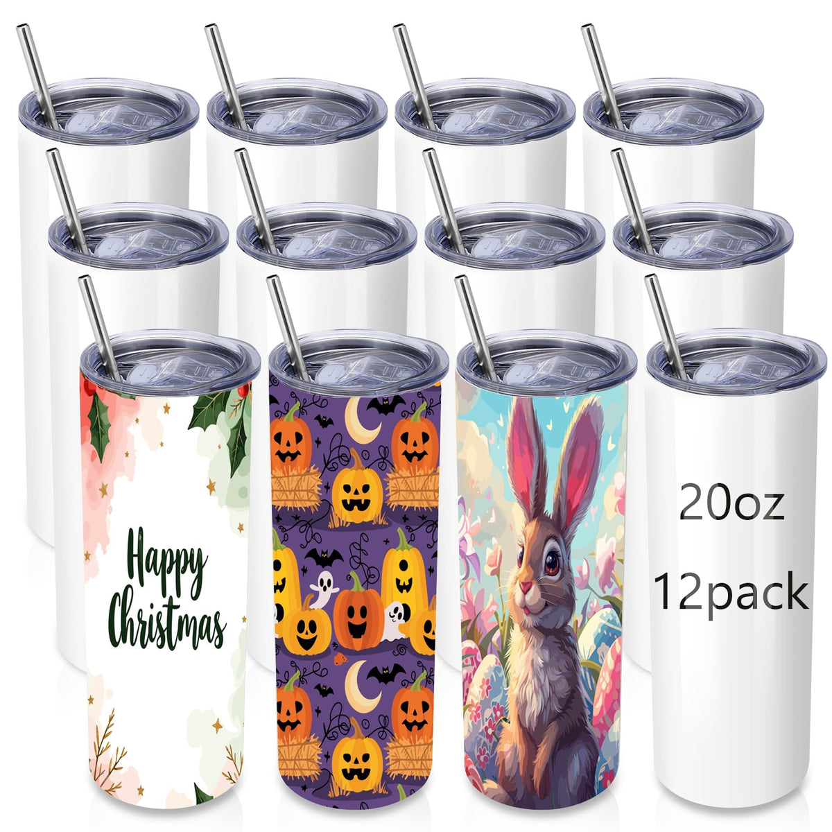 12 Pack Skinny Sublimation Tumblers with Lid and Straw