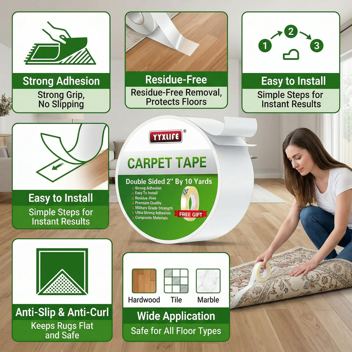 Double Sided Carpet Tape for Area Rugs & Hardwood Floors (30 Foot)