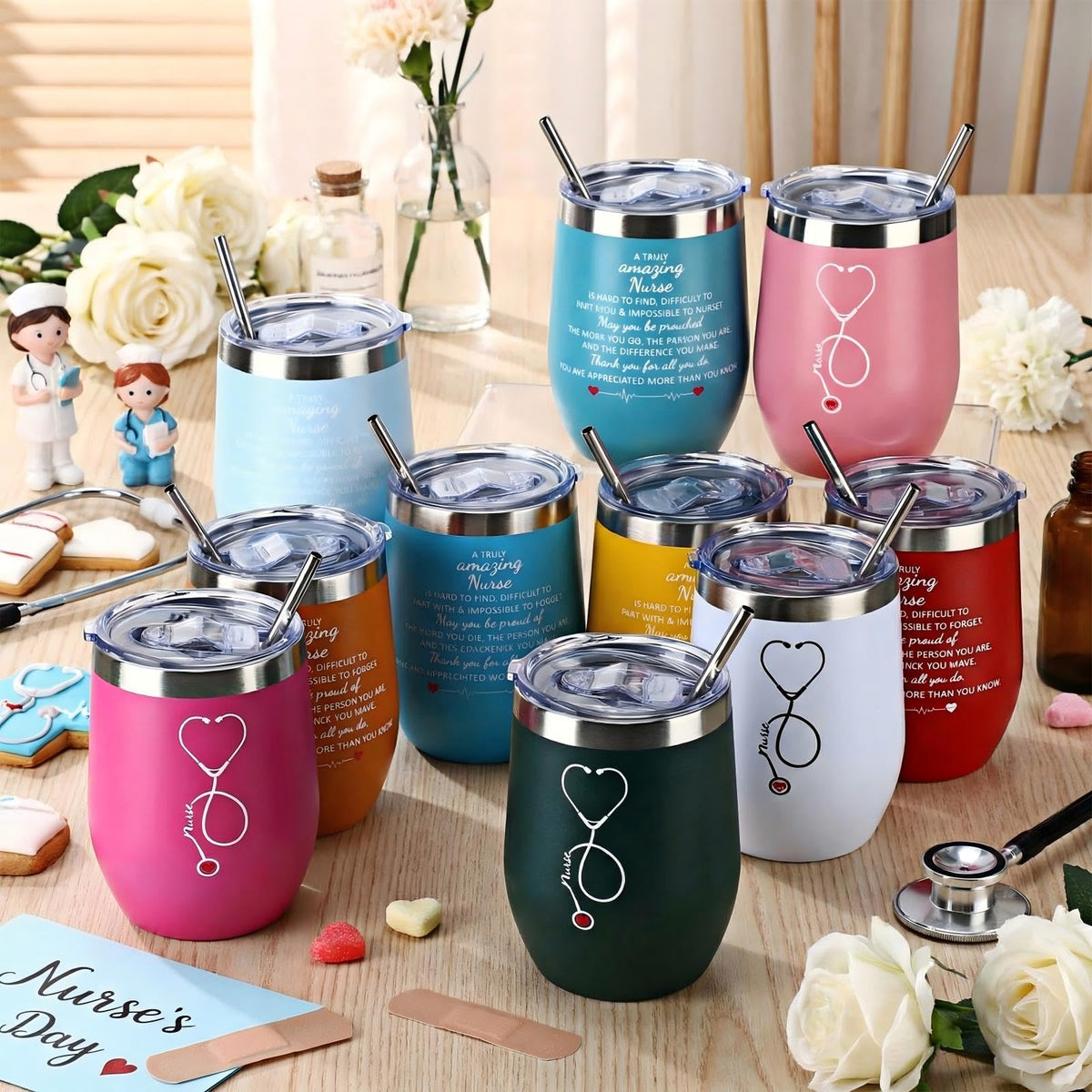 Nurse Week Gifts for Women Nursing Appreciation 12 oz Stainless Steel Wine Tumbler with Lid Insulated Coffee Mug Thank You Gift for CNA RN Students Graduation School (24 Count)