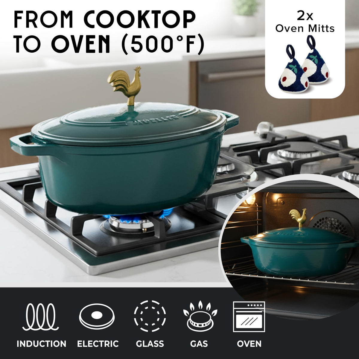 5.5 Quart Enameled Cast Iron Oval Dutch Oven with Rooster Knob and Cotton Potholders