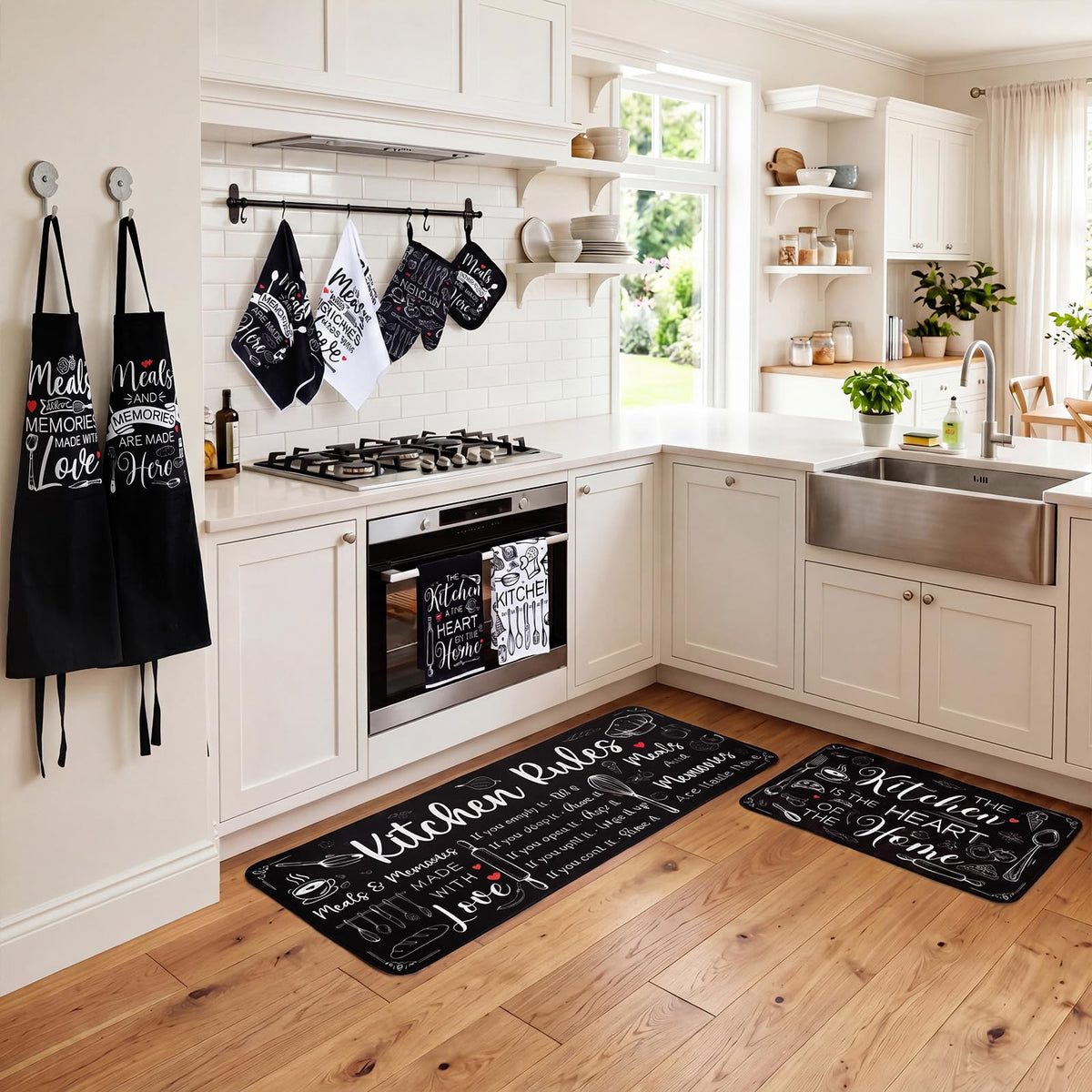 17 Pcs Black and White Kitchen Decor and Accessories Black and White Kitchen Rug and Mat Oven Mitts and Pot Holders Apron Dish Towels Cute Wooden Spoons for Home Decor Housewarming Gifts (17 Count)