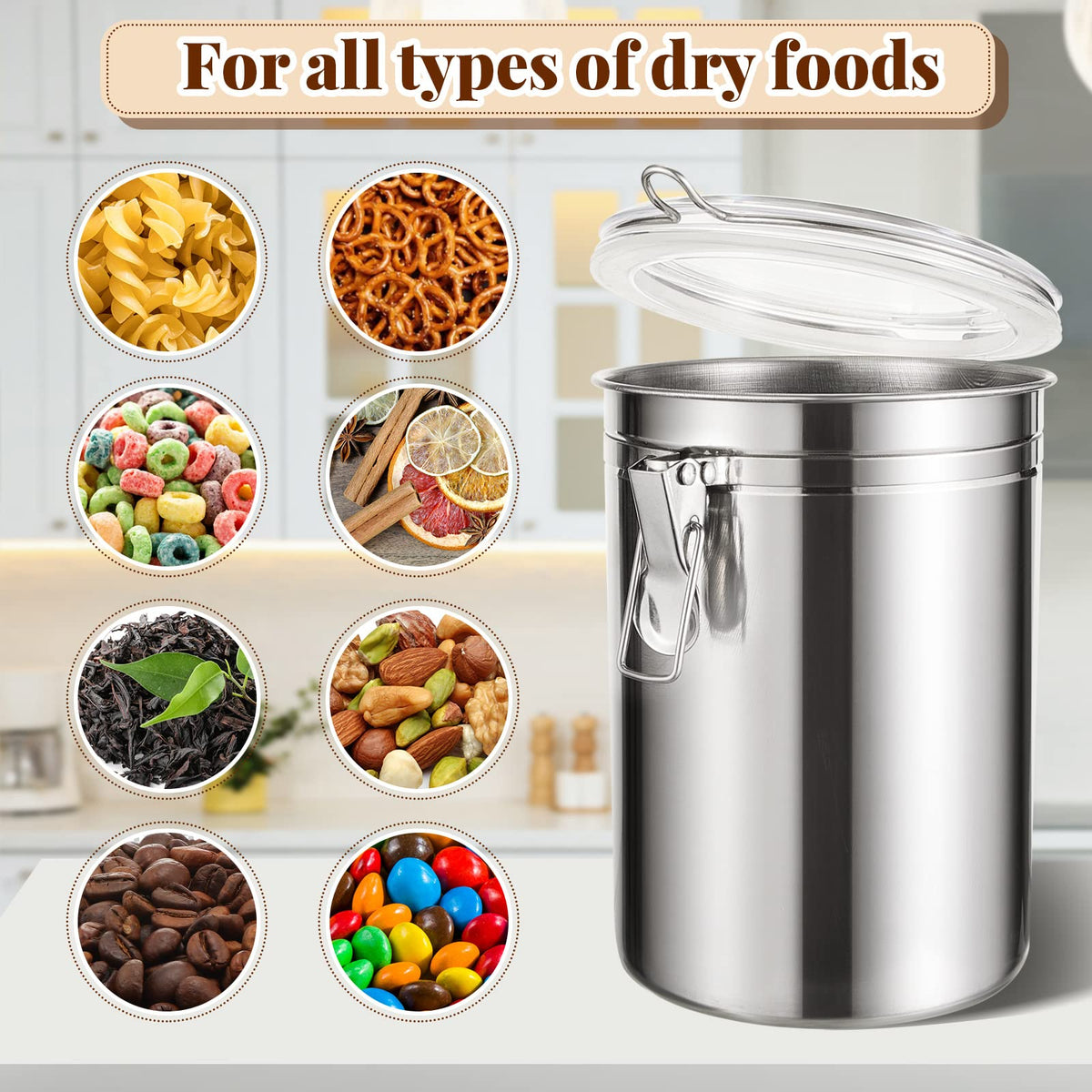 1 Pcs Stainless Steel Kitchen Canister 62 fl oz with Airtight Clear Clamp Lid