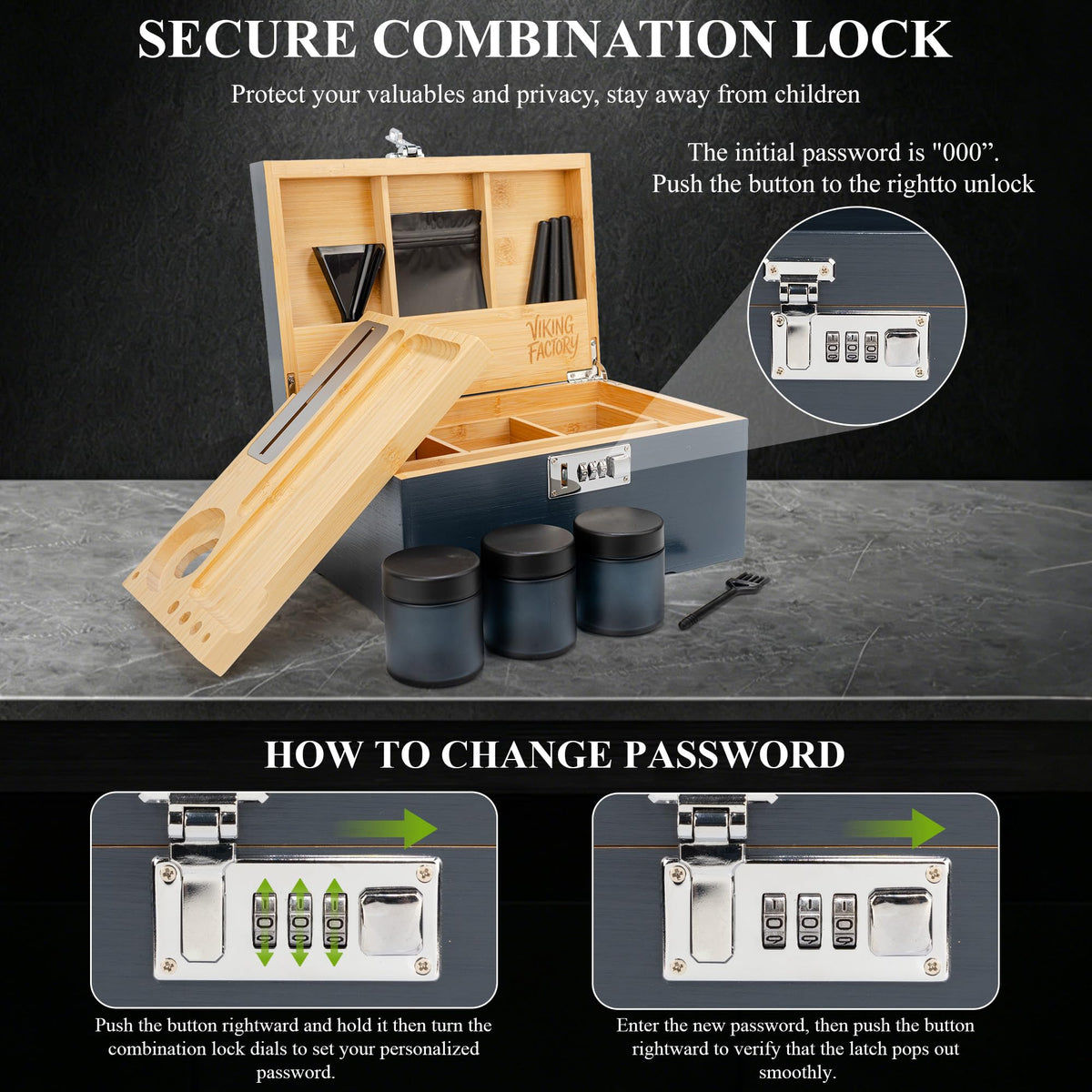 Large Lockable Bamboo Storage Box with Removable Tray and Combination Lock