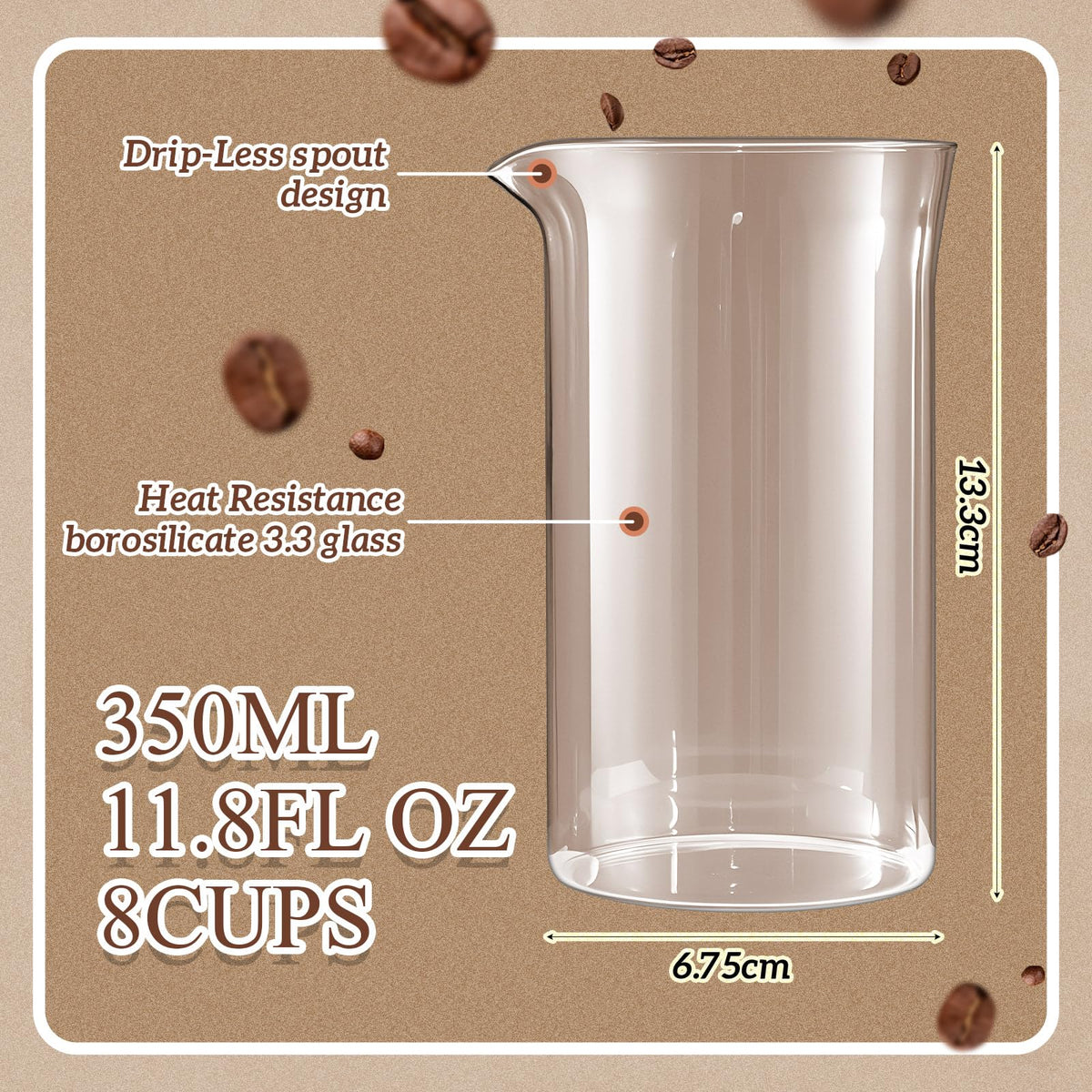 2 Pcs 12 oz French Press Replacement Glass Universal Replacement Beaker for French Press Tea and Coffee Makers Borosilicate 3.3 Glass Spare Carafe (2 Count)