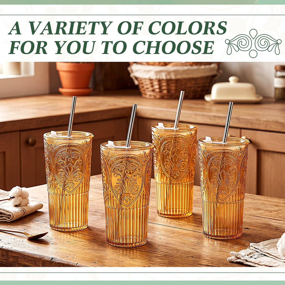 4 Set 20oz Vintage Plastic Tumbler with Lids and Straws Ribbed Floral Drinking Glasses Reusable Iced Coffee Cups for Water Juice Smoothie Cocktail Travel Party Events Gift (4 Count)