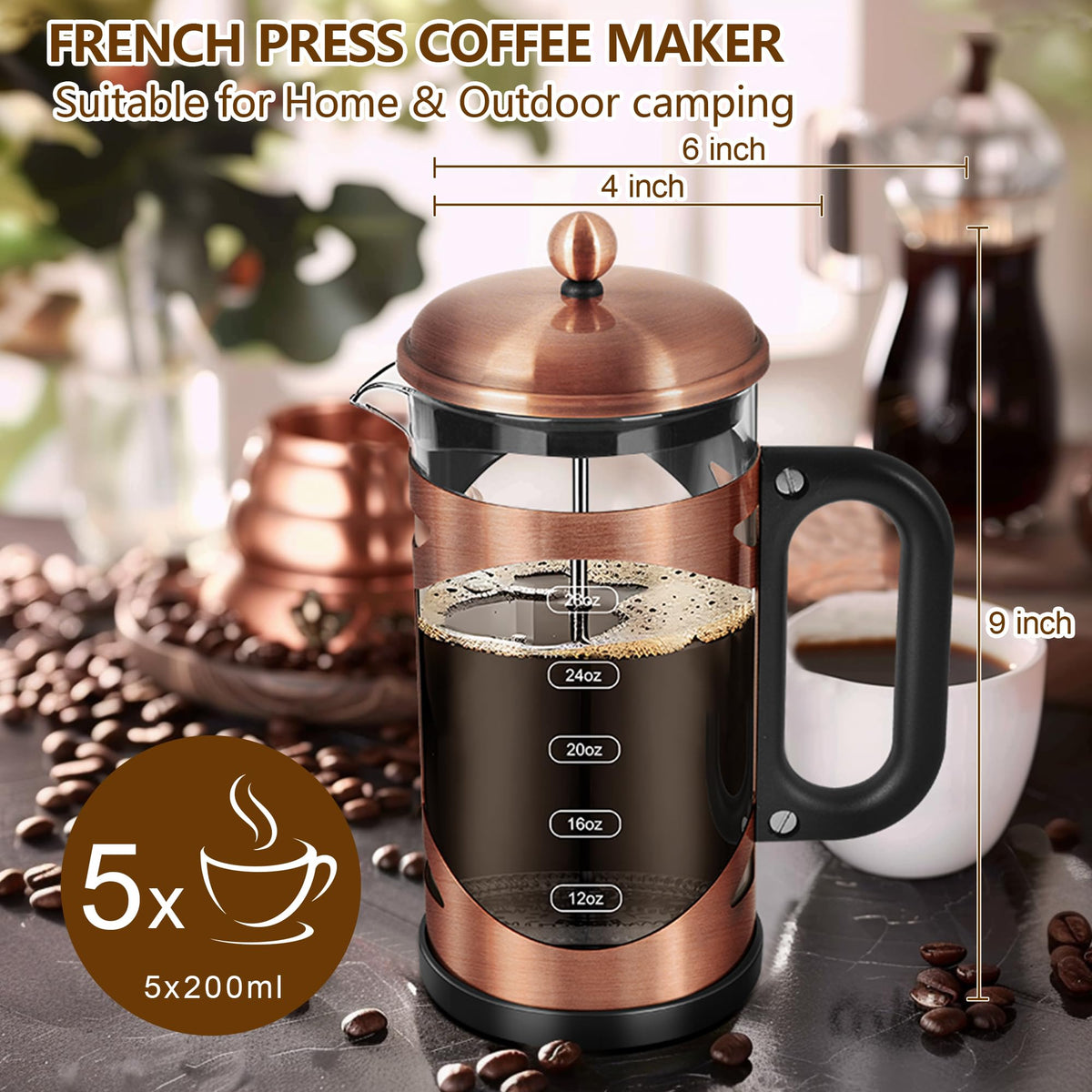 34 Ounce French Press Coffee Maker Copper Stainless Steel Coffee Press