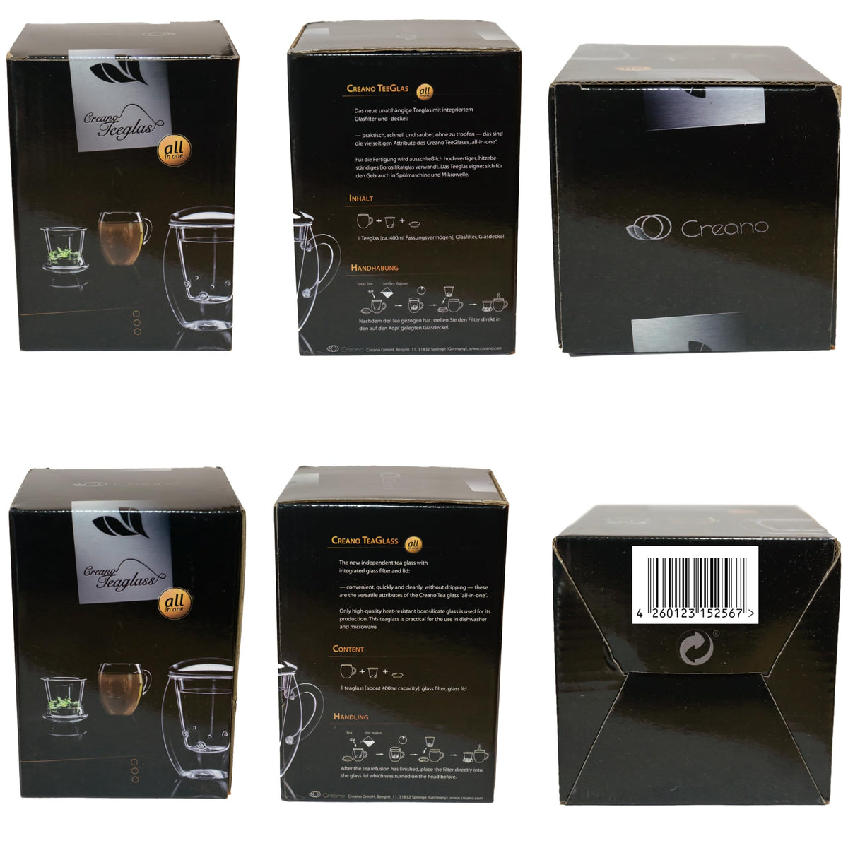 2x All-In-One Tea Glass with integrated Glass Filter and Lid - 14oz (400ml) (2 Count)