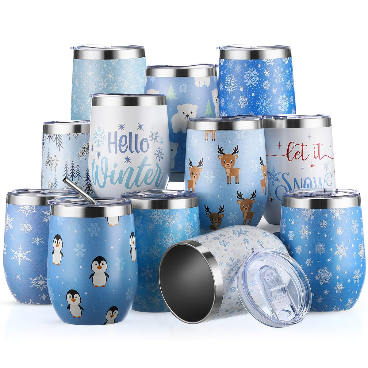 12 Sets Christmas Wine Tumbler 12oz Stainless Steel Vacuum Insulated Winter Coffee Mug Stemless Xmas Wine Glasses Holiday Gift for Teacher Coworker Friend Travel Party (12 Count)