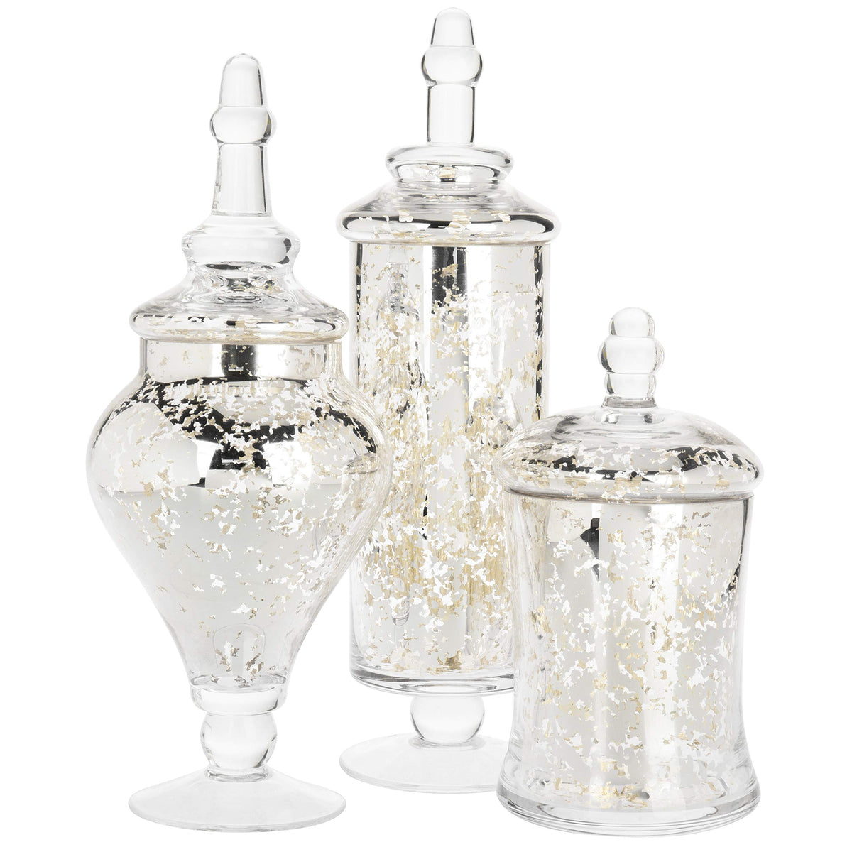 Set of 3 Silver Mercury Glass Apothecary Jars Candy Buffet