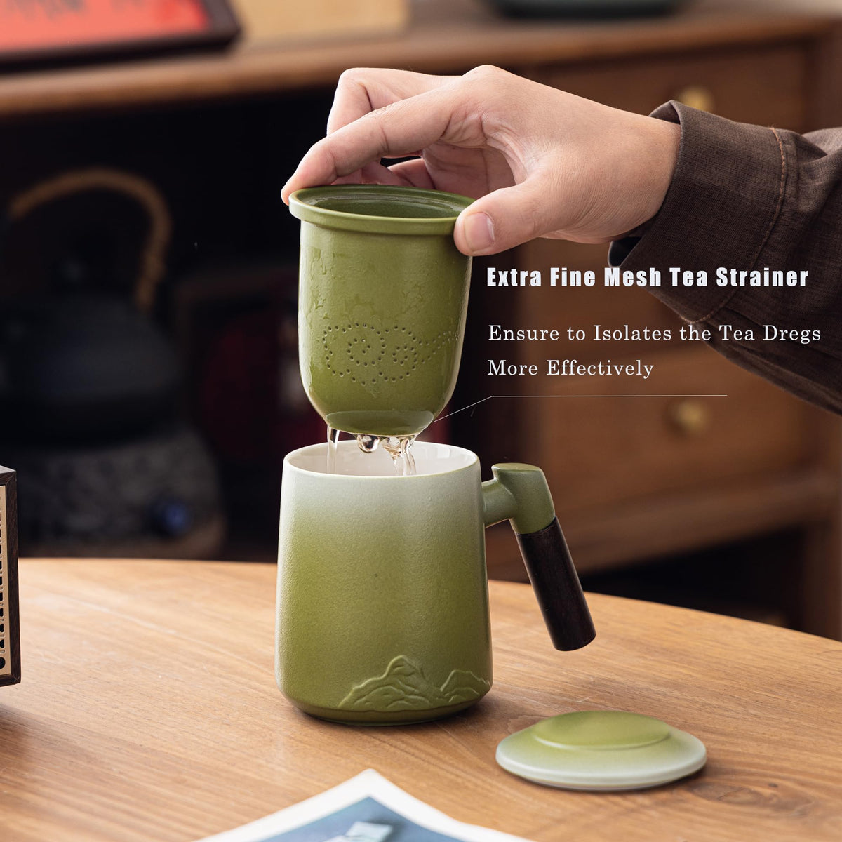 12oz Wood Handle Tea Mug with Infuser Lid