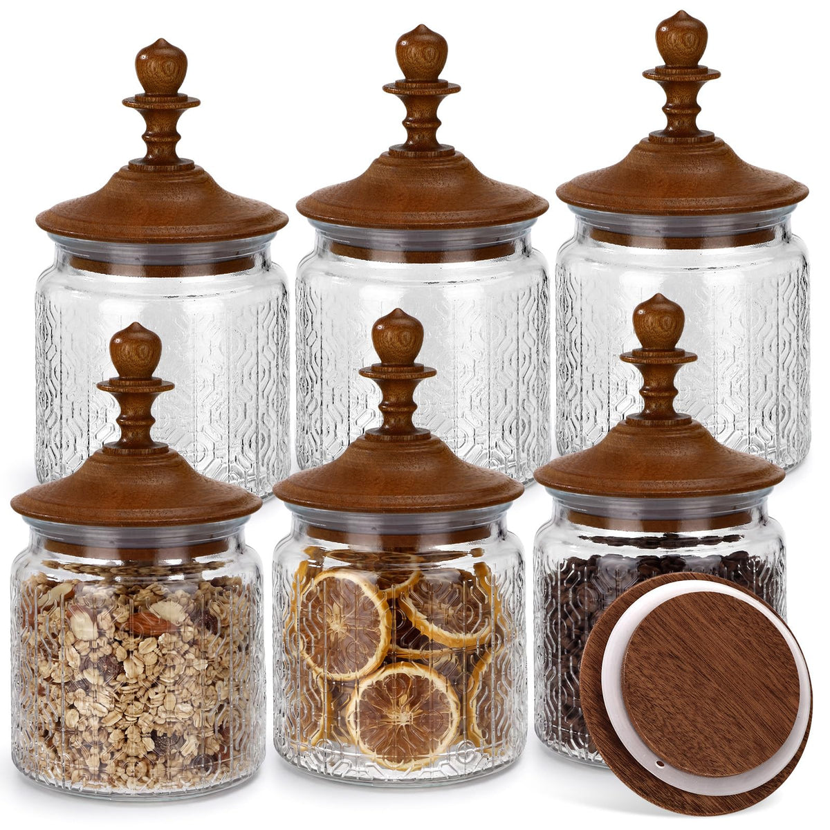 6 Pack 17 oz Glass Spice Jars with Dark Wood Lids Vintage Canisters with Flower Pattern Airtight Food Storage Container for Home Kitchen Tea Coffee Spice Pantry Organization Decorations (6 Count)