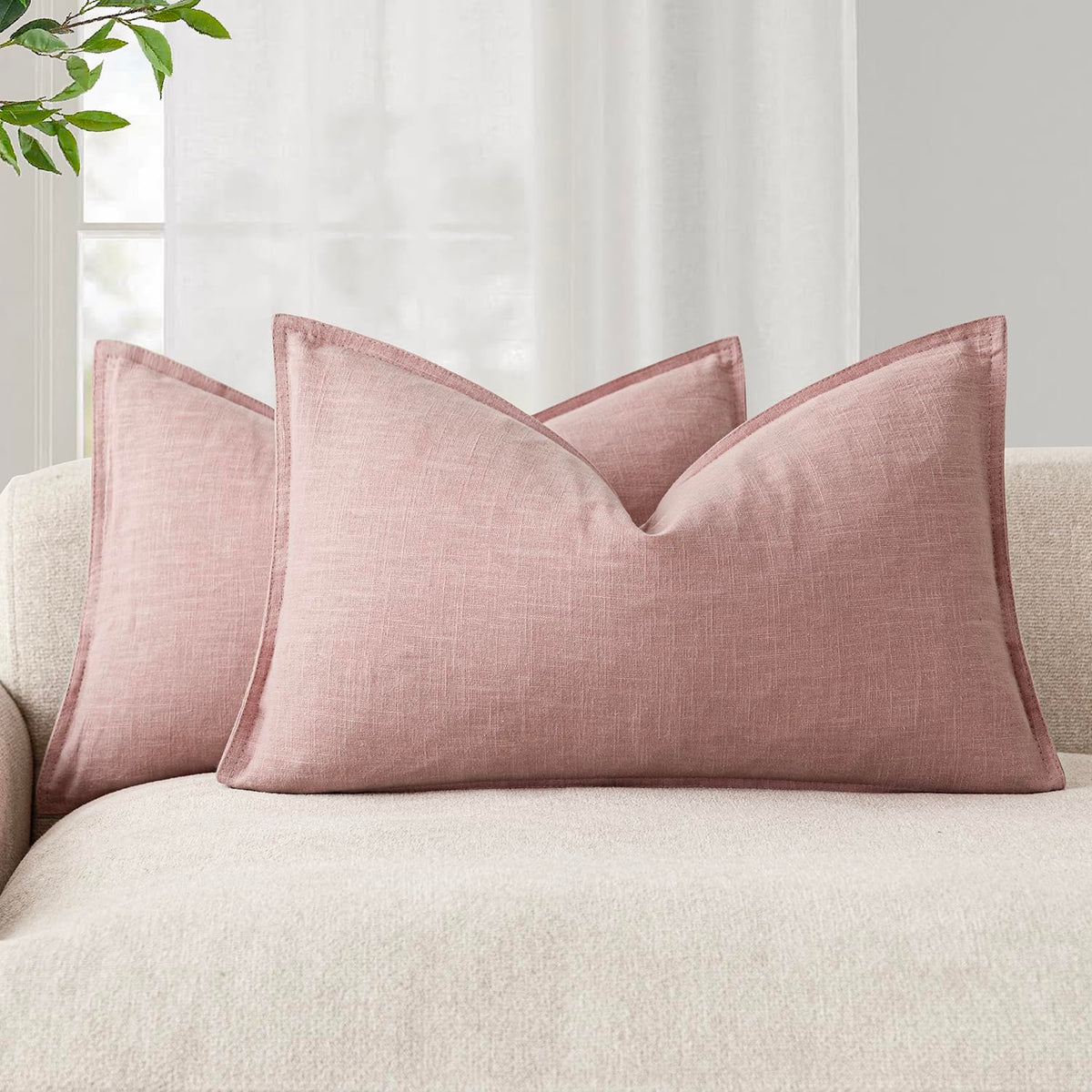 Pack of 2 Decorative Linen Solid Throw Pillow Covers Accent Lumbar Cushion Case Farmhouse Pillowcase for Chair Couch Sofa Bedroom Living Room Home Decor 12 x 20 Inch Rose Pink