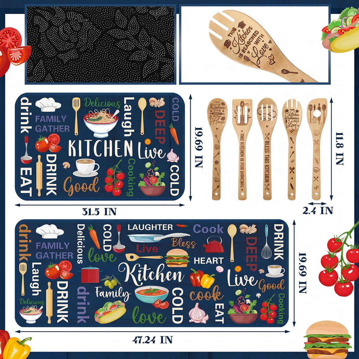 17 Pcs Blue Kitchen Decor and Accessories Blue Farmhouse Kitchen Set Rug and Mat Oven Mitts and Pot Holders Apron Dish Towels Cute Wooden Spoons for Holiday Decoration Home Housewarming Gift (17 Count)
