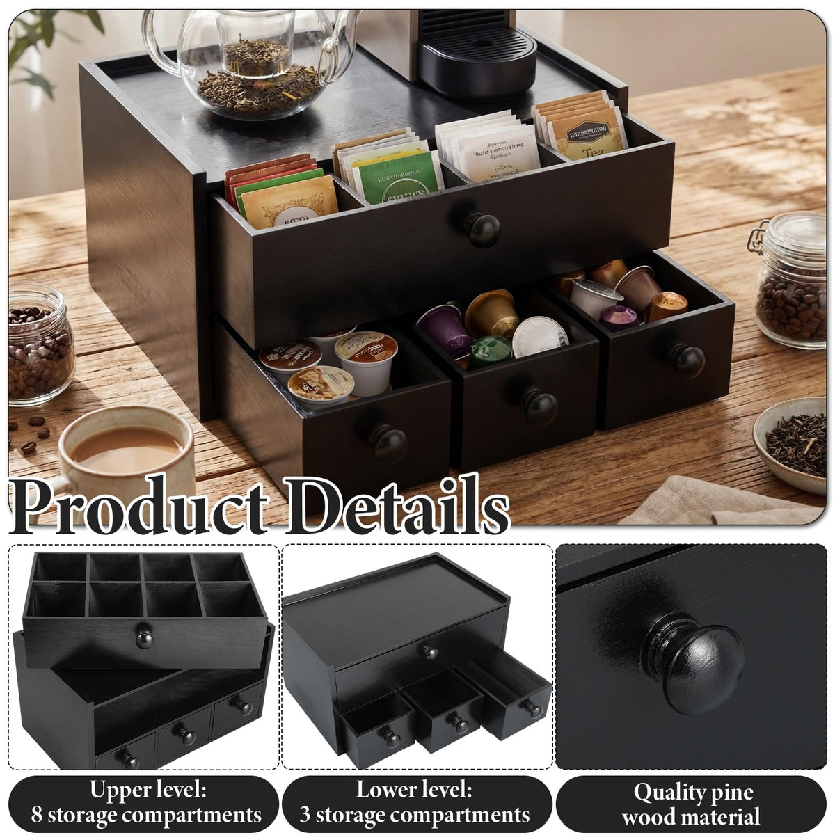 Wooden Tea Box Organizer with Drawer Wooden Coffee Pod Organizer Tea and Coffee Storage Box Double Layer for Countertop Display Cup Drawer Storage Under Brewer