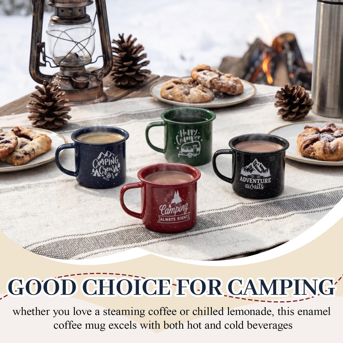 4 Pcs Enamel Camping Mugs 12 oz Outdoor Coffee Cups Nostalgic Speckled Enamelware Mug with Printed Design for Hot Cold Beverages Durable Cup for Happy Camper Adventure Home Travel Beach (4 Count)