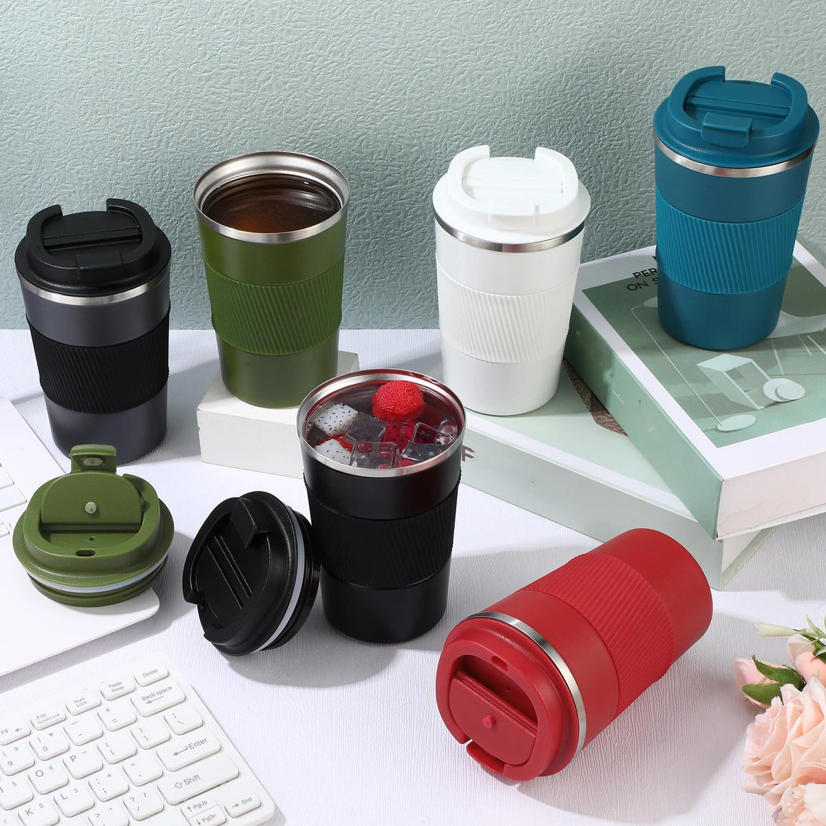 6 Pcs 12 oz Travel Coffee Mug with Lid Leakproof Coffee Tumbler Bulk Insulated Cup Stainless Steel Mug Reusable for Hot Cold Drink Tea (6 Count)