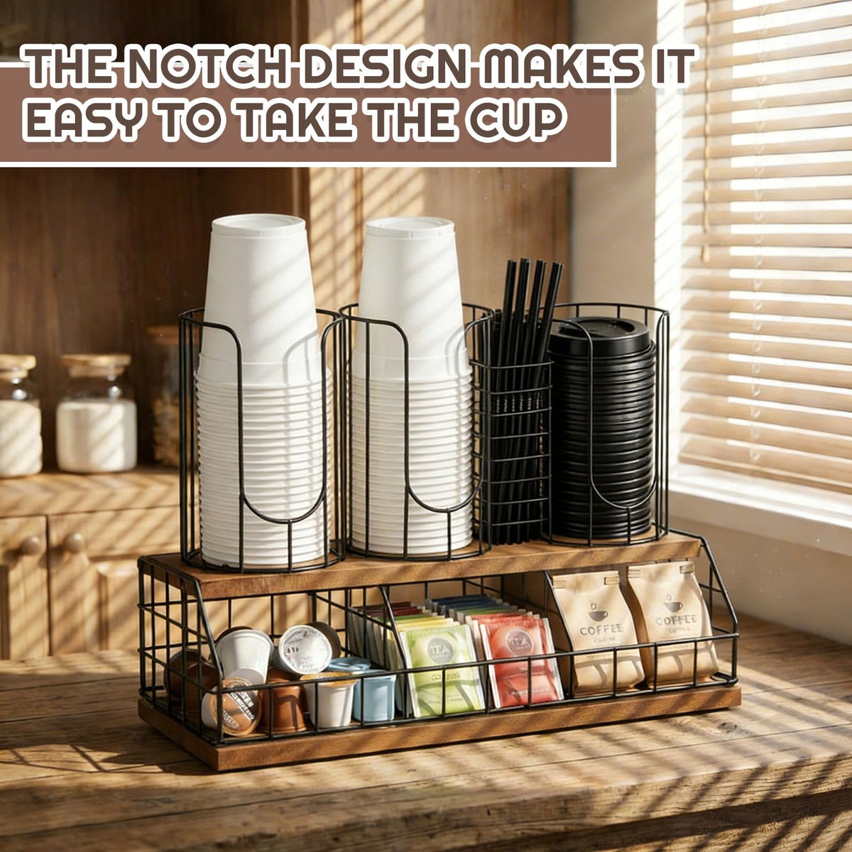 18oz Adjustable Coffee Cup Dispenser with Wooden Base
