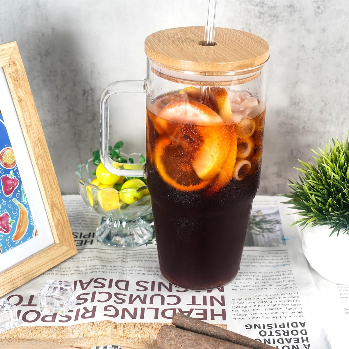 Glass Cups with Lids and Straws
