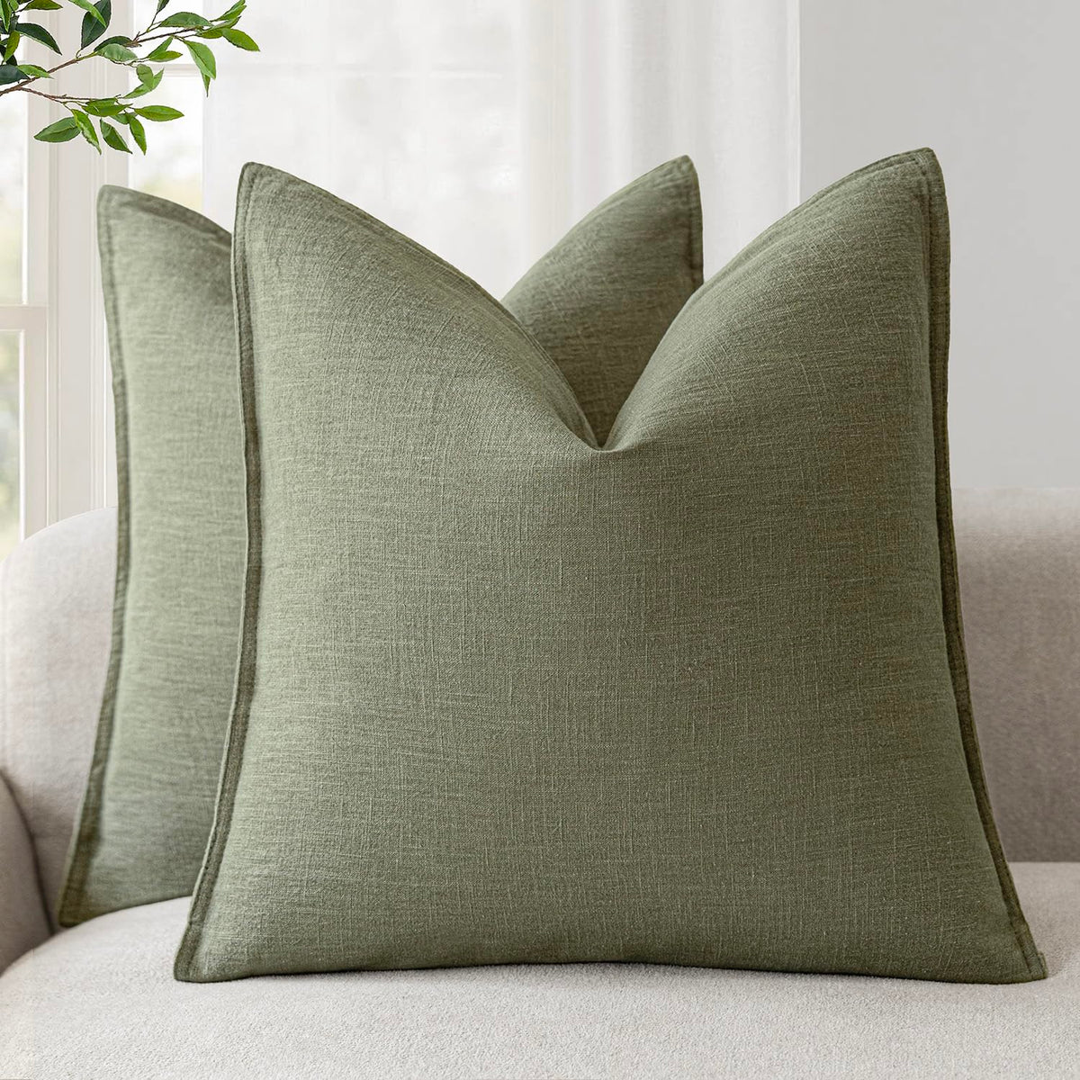 Pack of 2 Decorative Linen Solid Throw Pillow Covers Soft Accent Cushion Case Farmhouse Neutral Pillowcase for Chair Couch Sofa Bedroom Living Room Home Decor 18x18 Inch Olive Branch Green (2 Count)