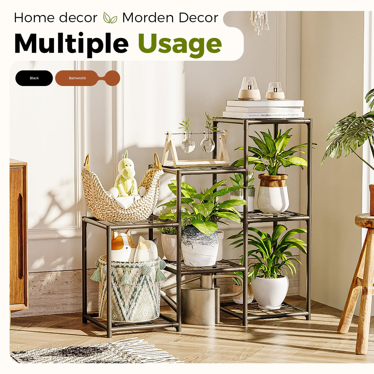 Black Plant Stand Outdoor Metal Plant Shelf for Multiple Plants