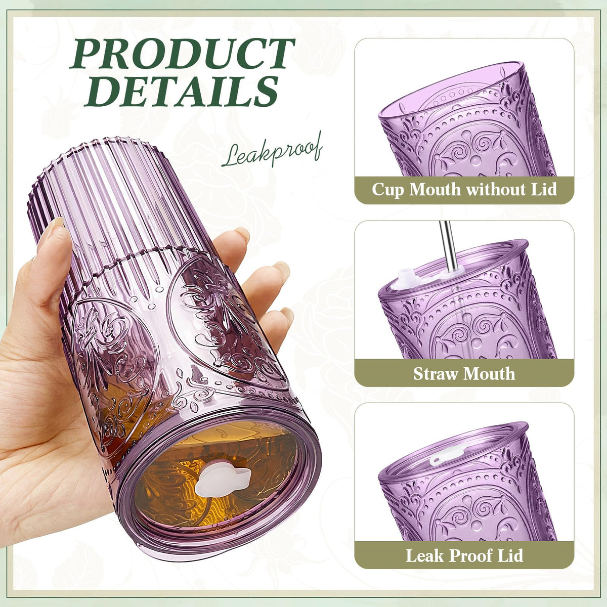 2 Set 20oz Vintage Plastic Tumbler with Lids and Straws Ribbed Floral Drinking Glasses Reusable Iced Coffee Cups for Water Juice Smoothie Cocktail Travel Party Events Gift (2 Count)