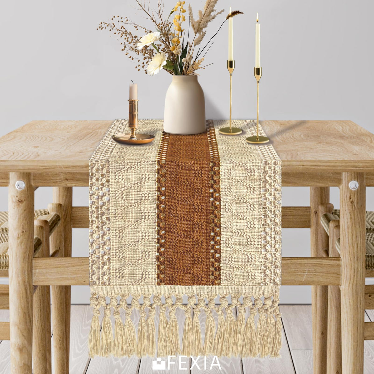 Boho Table Runner for Home Decor 12x36 Fall Coffee Table Decor Caramel (3 Foot)