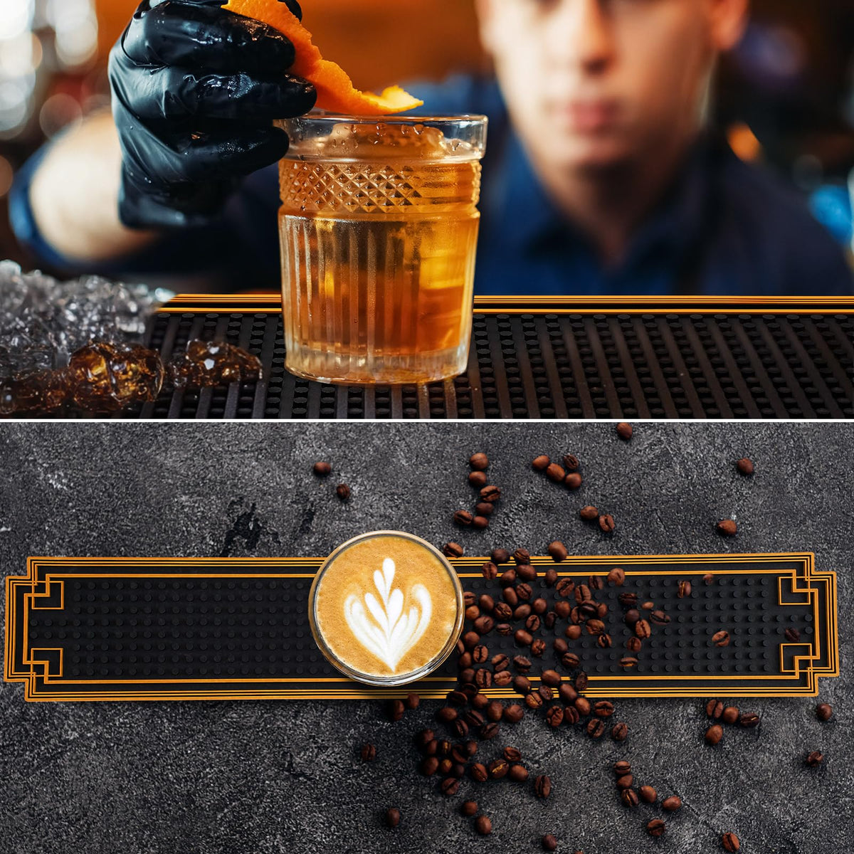 2 Pcs 24 x 4 Inch Bar Mat Non Slip Rubber Mat with Gold Border Durable Stylish Spill Cocktail Service Coffee Mats for Restaurants Barbershop Clippers Bartending (2 Count)