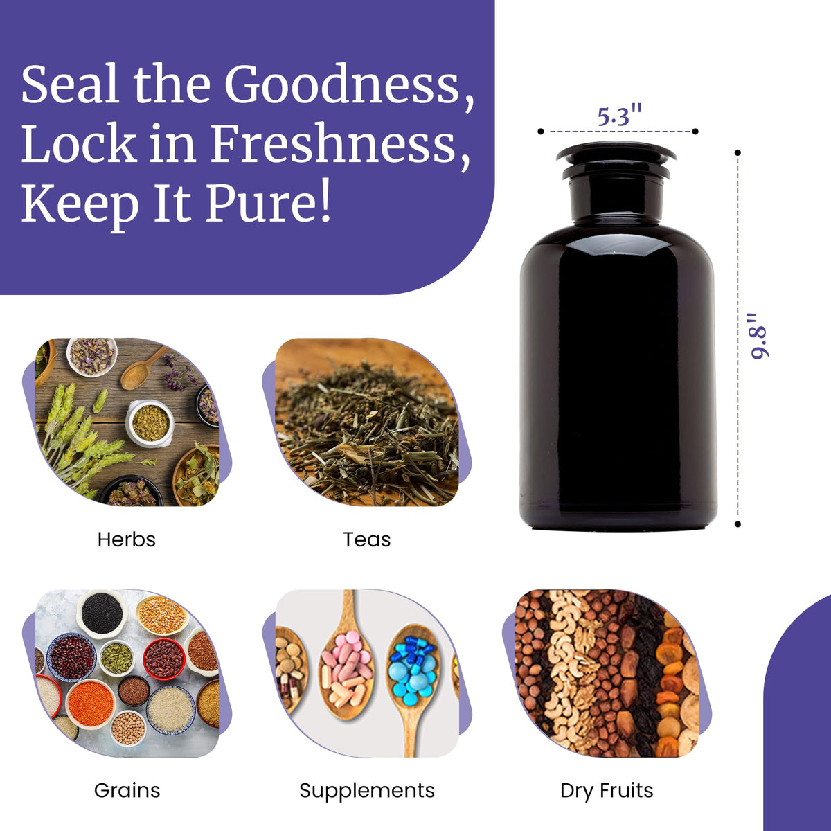 2L (68 Fl oz) Black Ultraviolet Blocking Glass Apothecary Jar Airtight Smell‑Proof Refillable Container for Herbs, Spices, Tea & Essential Oils