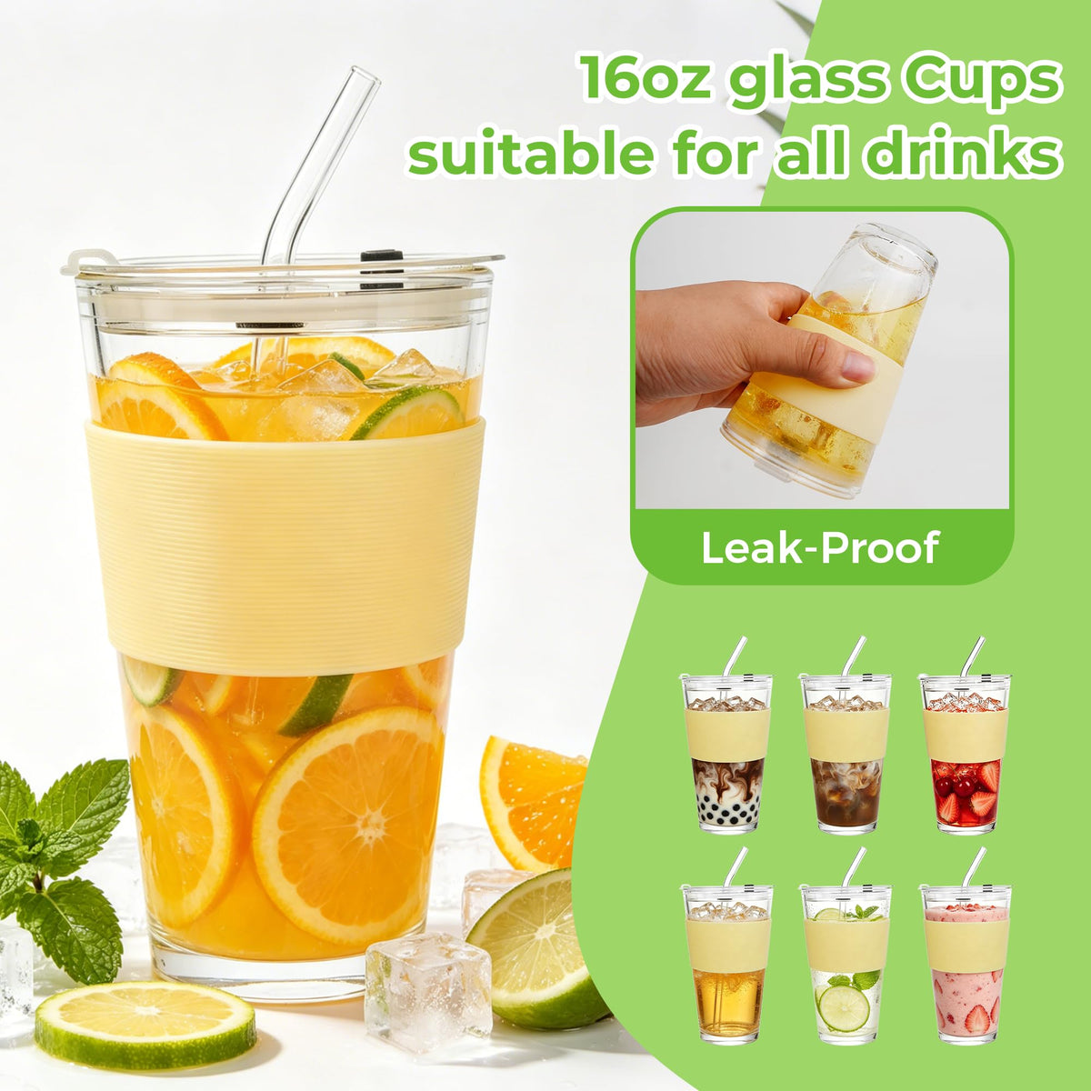 16oz Glass Cup with Lid and Glass Straw (20 Count)