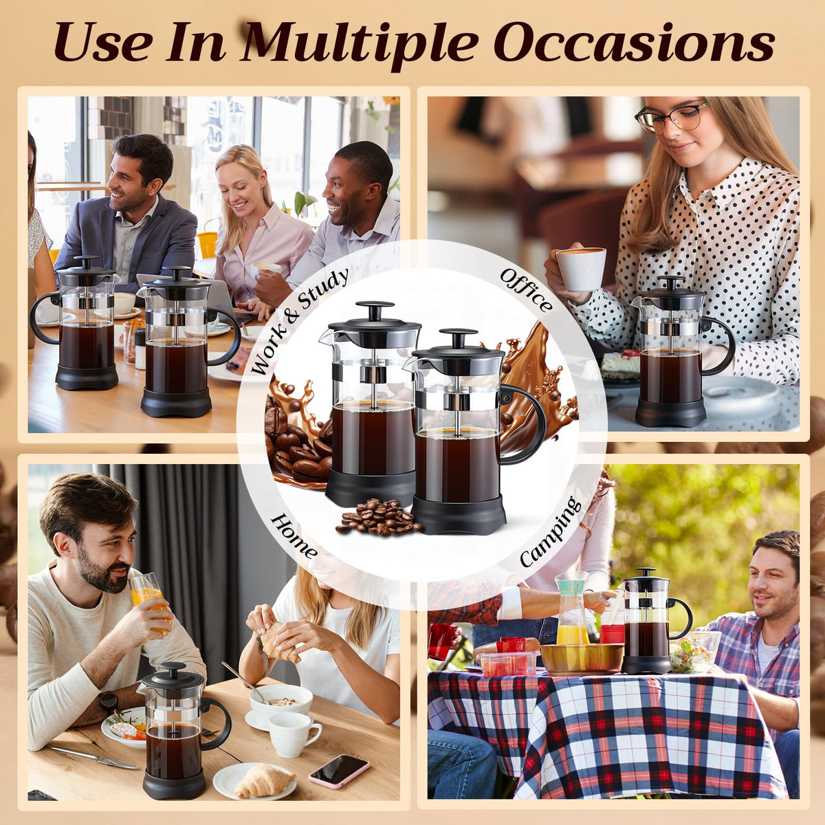 4 Pack French Press Coffee Maker Borosilicate Glass Coffee Press Heat Resistant Stainless Steel Tea Maker for Travel Camping Kitchen Gifts Includes Pot Filters (4 Count)