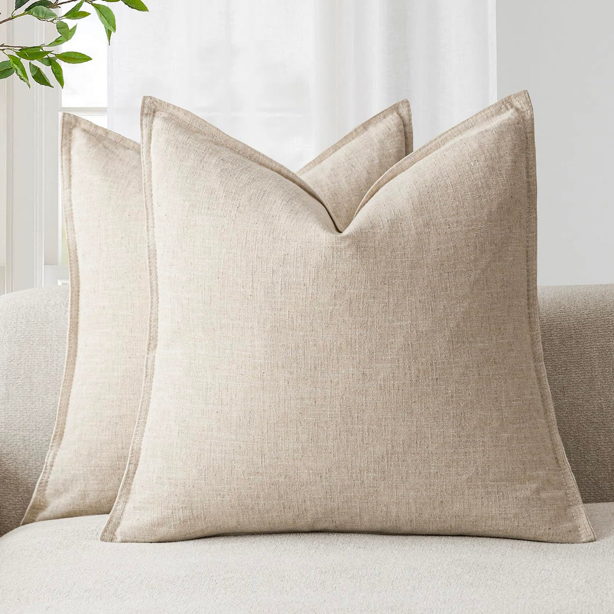 Pack of 2 Decorative Linen Soild Throw Pillow Covers Soft Accent Cushion Case Boho Farmhouse Neutral Pillowcase for Couch Sofa Bedroom Living Room Home Decor 26 x 26 Inch Natural Beige (2 Count)