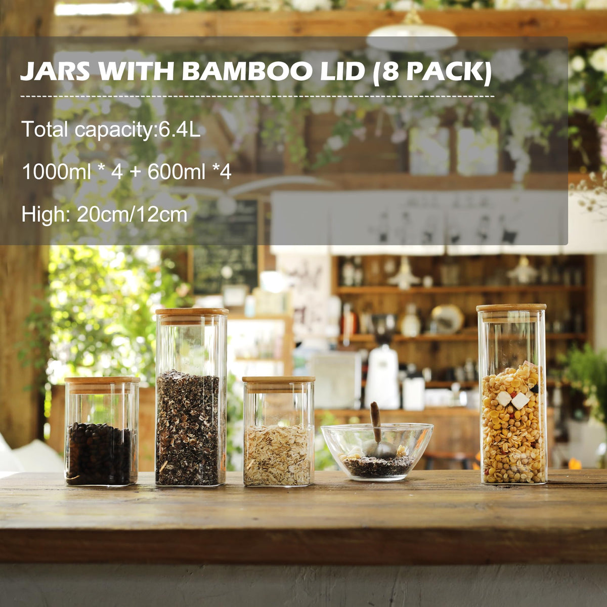 8 Pack Square Glass Storage Jars with Bamboo Lids (8 Count)