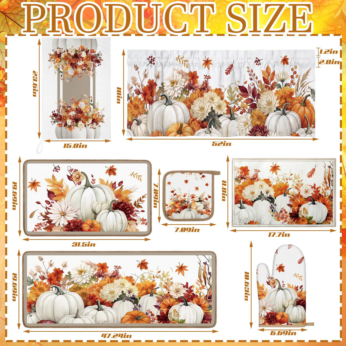 16 Pcs Fall Pumpkin Kitchen Decor and Accessories Set 4 Fall Kitchen Towel 4 Pumpkin Placemat 2 Non Slip Rug and Mat Set for Floor 2 Oven Mitt Glove 2 Pot Holder 2 Curtain for Harvest Home Decor Gift (16 Count)