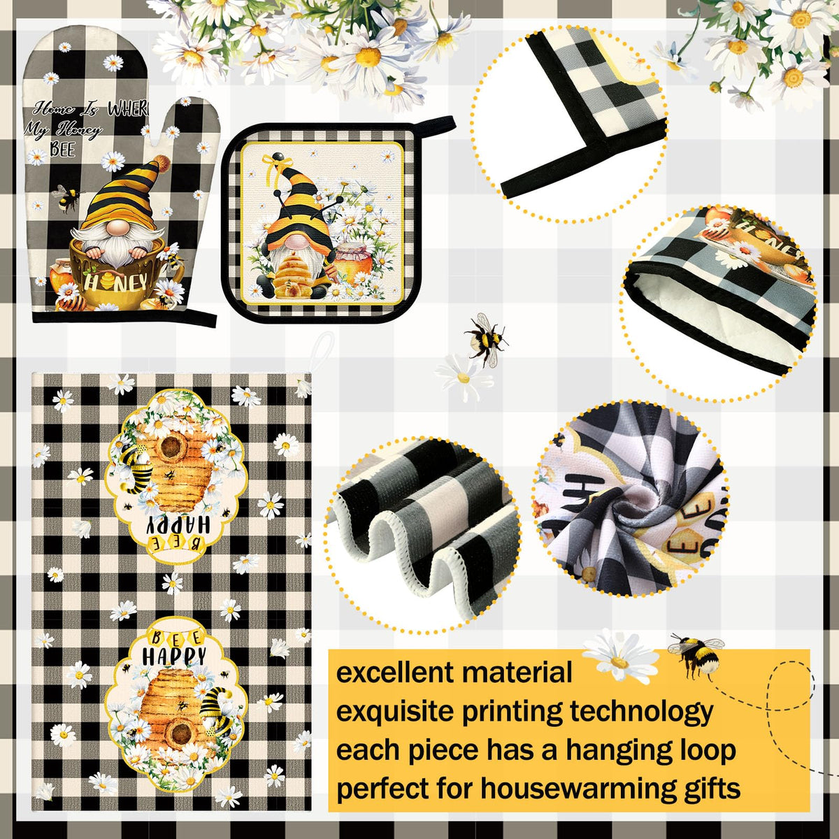 17 Pcs Bee Gnome Kitchen Decor and Accessories Gnome Kitchen Rug and Mat Oven Mitts and Pot Holders Apron Dish Towels Cute Wooden Spoons for Holiday Decoration Home Housewarming Gifts (13 Count)