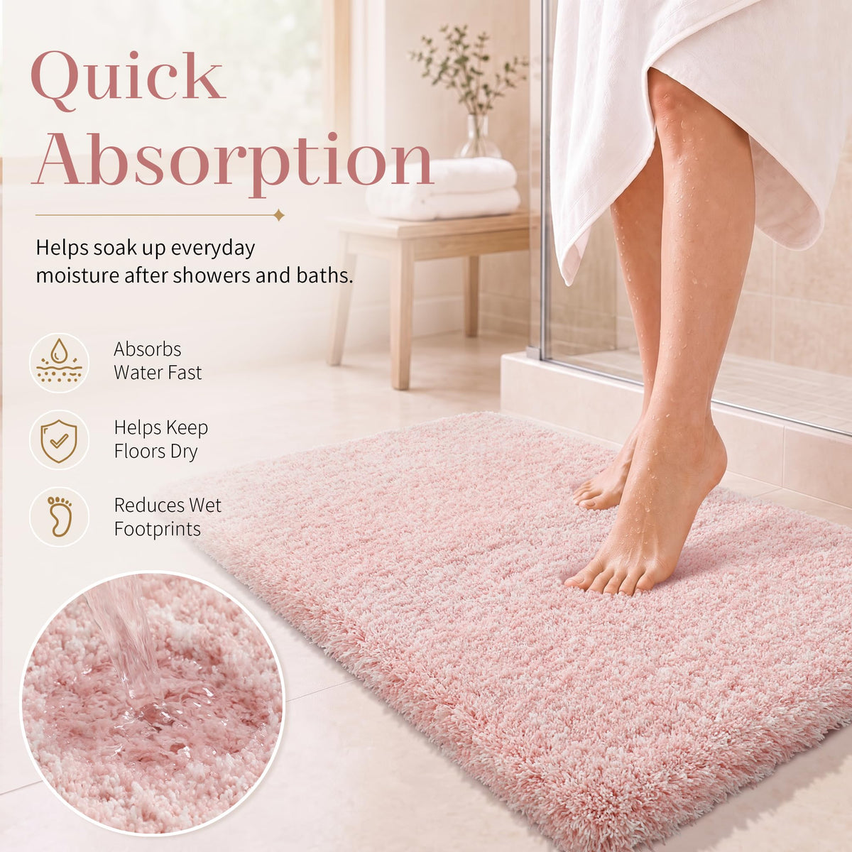 Light Pink and White Bathroom Rugs Non Slip Washable