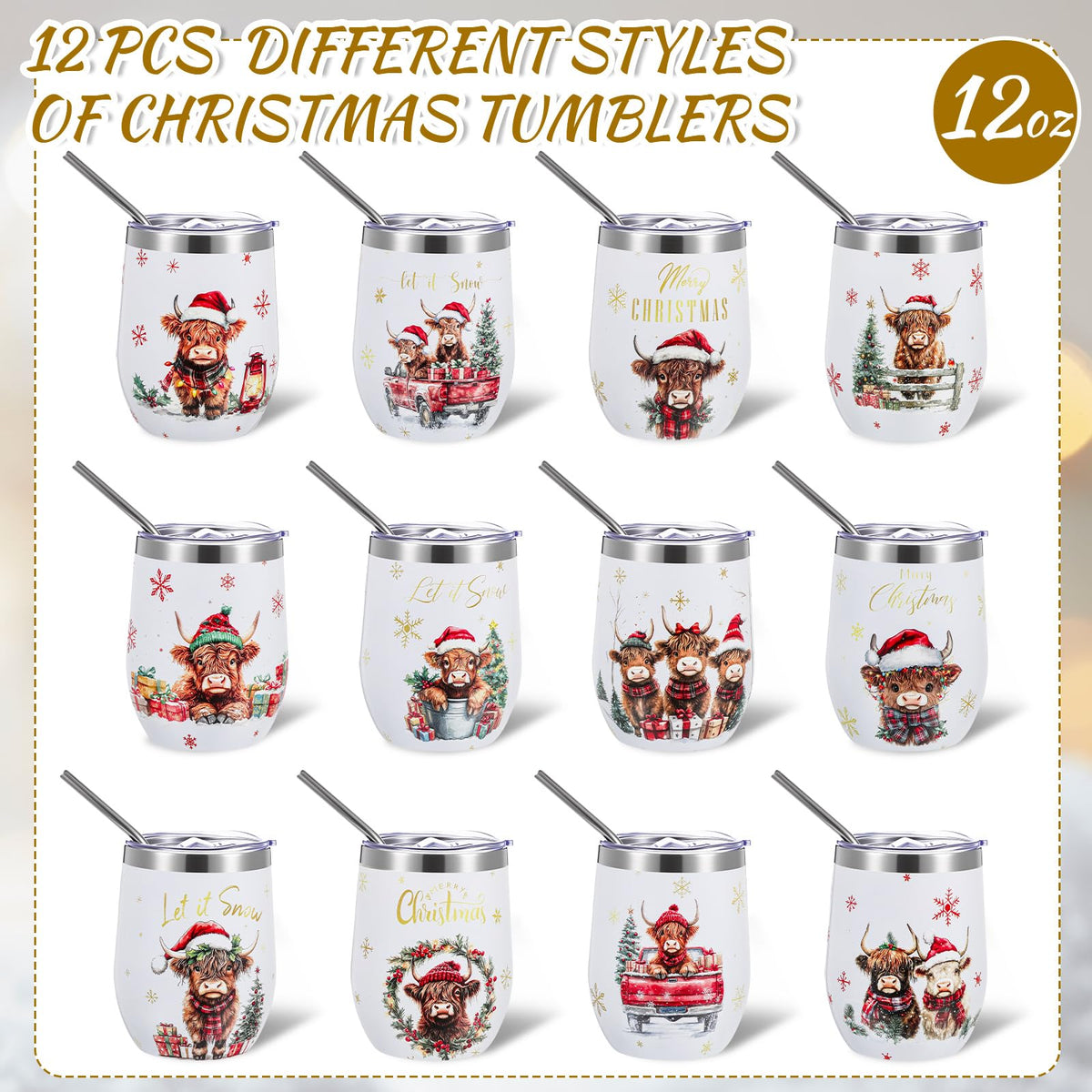 12 Sets Christmas Wine Tumbler 12oz Stainless Steel Vacuum Insulated Winter Coffee Mug Stemless Xmas Wine Glasses Holiday Gift for Teacher Coworker Friend Travel Party (12 Count)