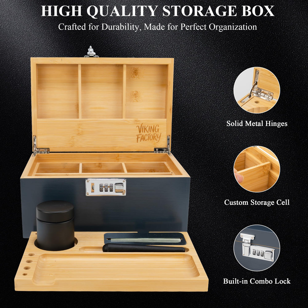 Large Lockable Bamboo Storage Box with Removable Tray and Combination Lock