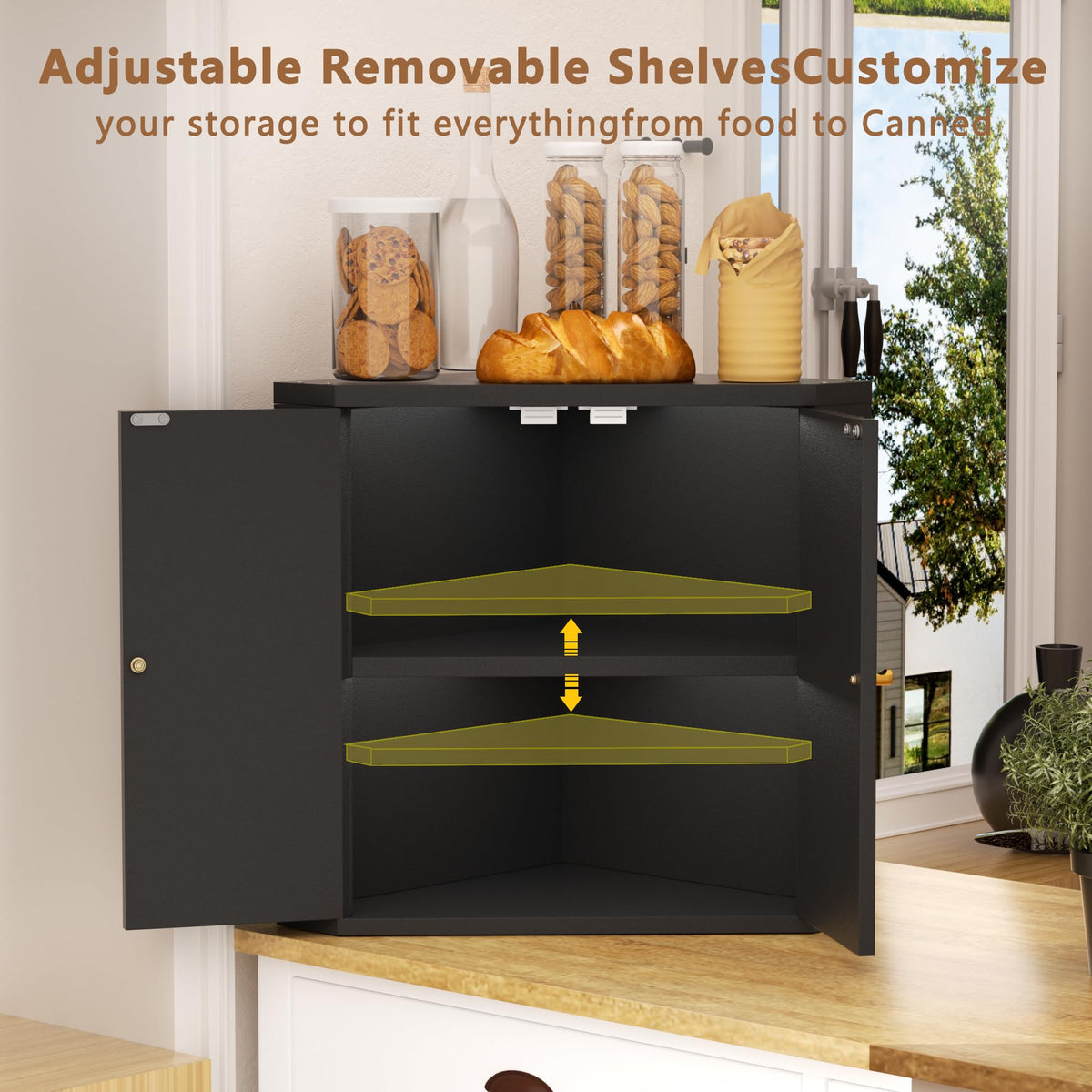 Black Corner bread box for kitchen countertop