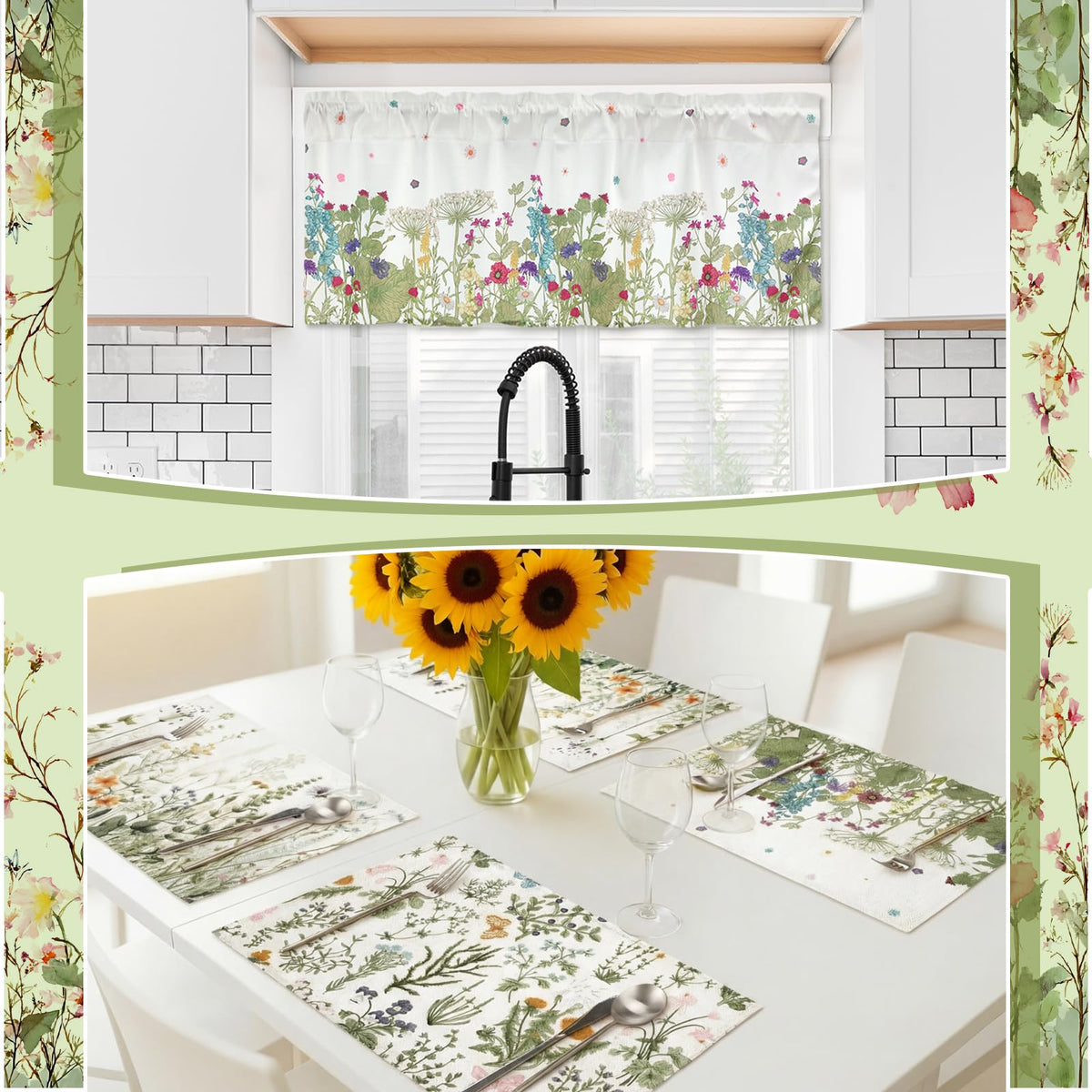 16 Pcs Wildflower Floral Kitchen Decor Set Spring Kitchen Towels and Dishcloth Non Slip Rug Floor Mat Farmhouse Flower Oven Mitts and Pot Holder Retro Curtain Set for Home Decoration Gift (16 Sq Ft)