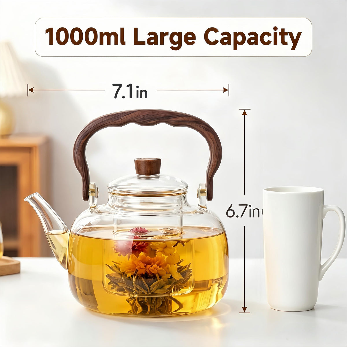Glass Teapot 1000ml Borosilicate Stovetop Safe Tea Kettle