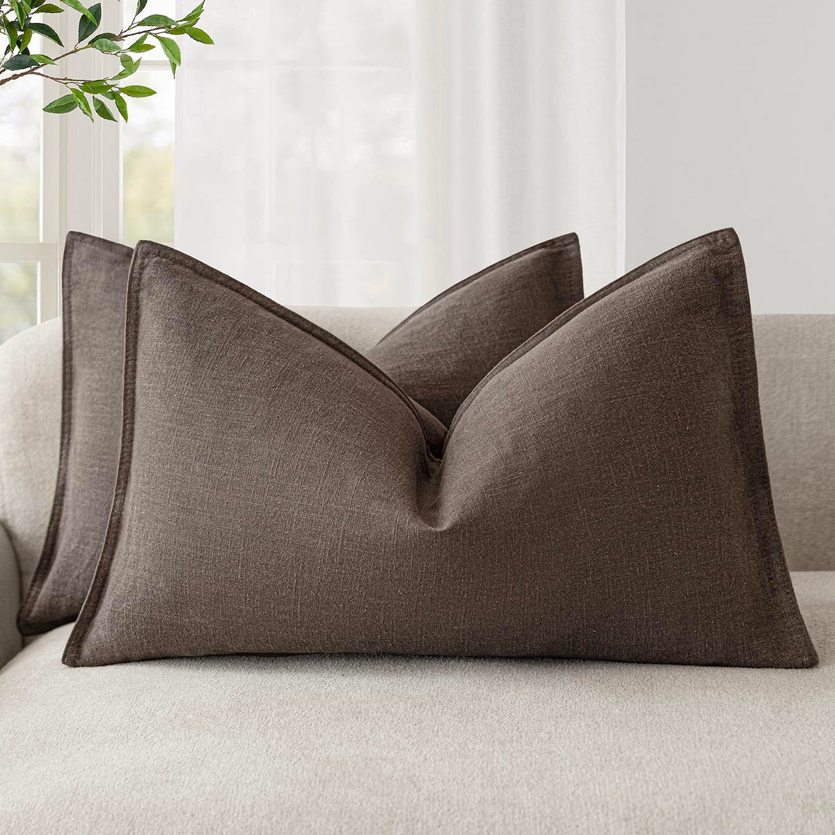 Pack of 2 Decorative Linen Soild Throw Pillow Covers Soft Accent Cushion Case Boho Farmhouse Neutral Pillowcase for Couch Sofa Bedroom Living Room Home Decor 24 x 24 Inch Reddish Brown (2 Count)