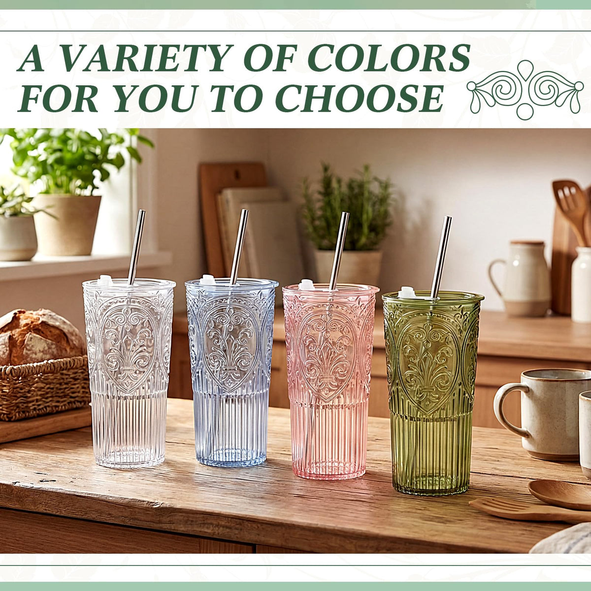 16 Set 20oz Vintage Plastic Tumbler with Lids and Straws Ribbed Floral Drinking Glasses Reusable Iced Coffee Cups for Water Juice Smoothie Cocktail Travel Party Events Gift (16 Count)