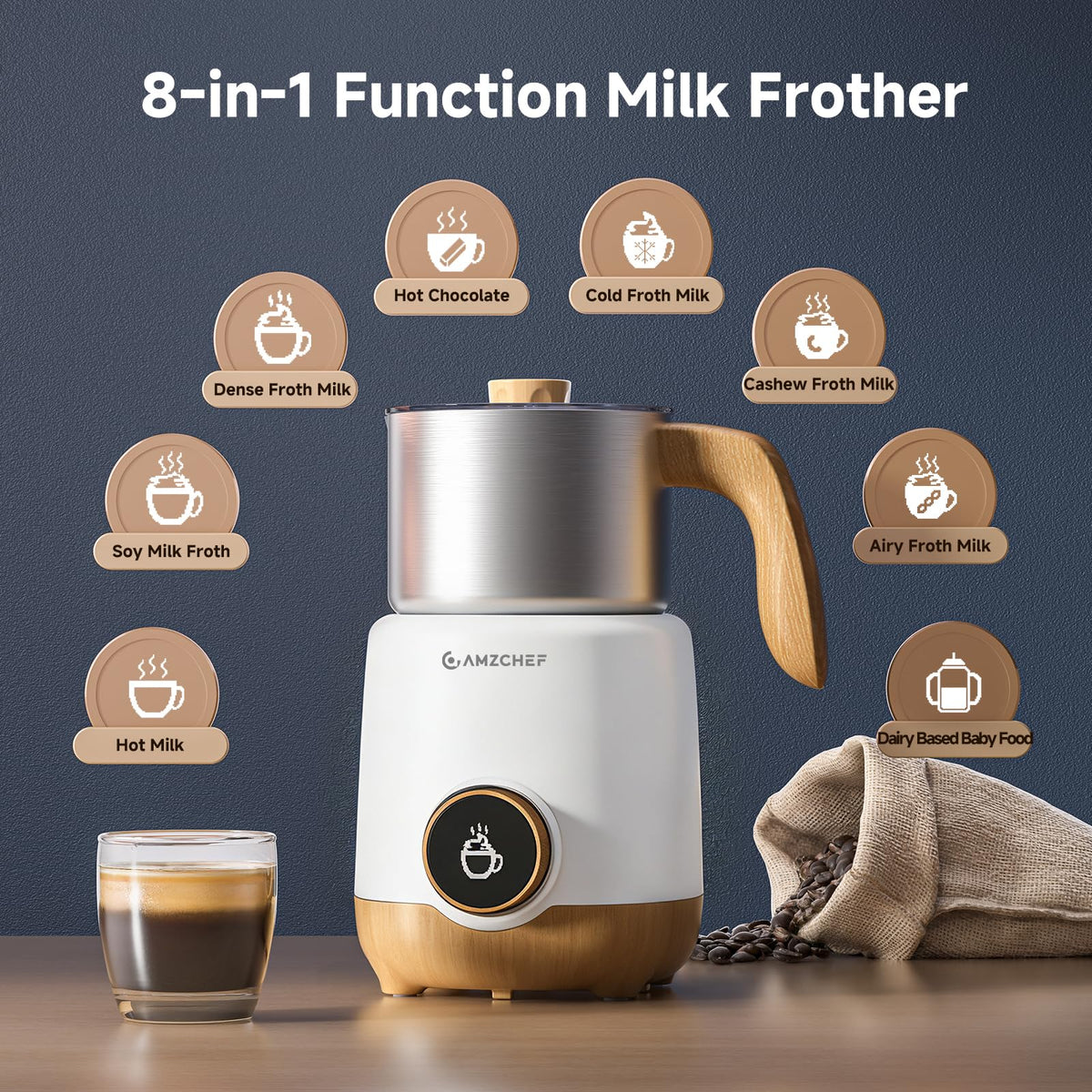 21 oz 8-in-1 Milk Frother, 550W Split Stainless Steel Automatic Steamer, Milk Warmer for Latte, Cappuccino, Hot Chocolate, Hot/Cold Froth, Heated Milk & Baby Food, White (21 Ounce)