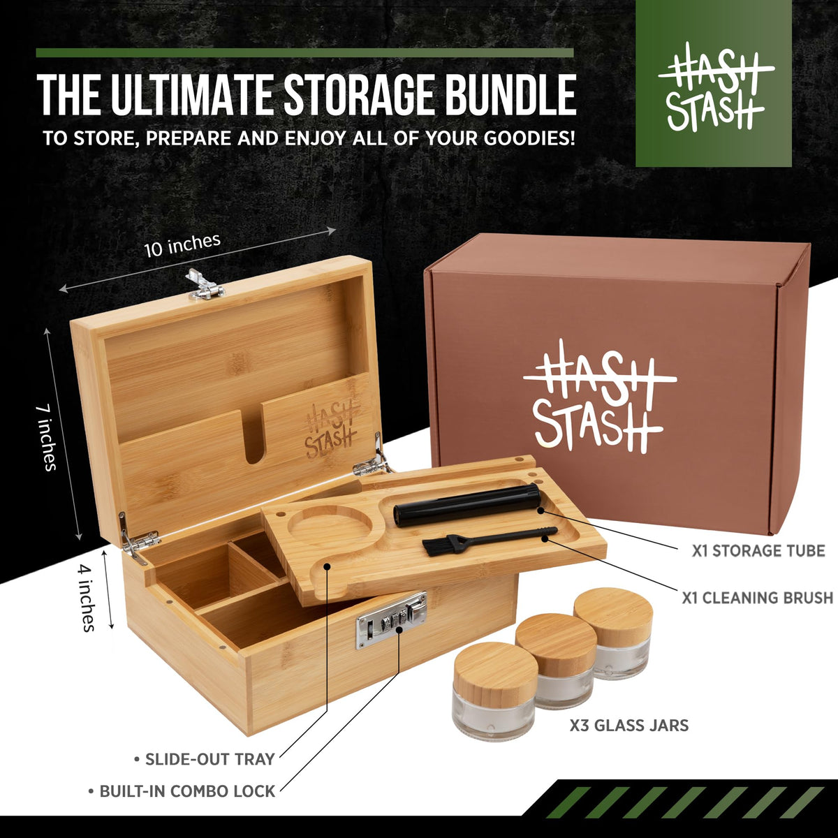 OG Large Bamboo Storage Box with Combination Lock & 3 Jars