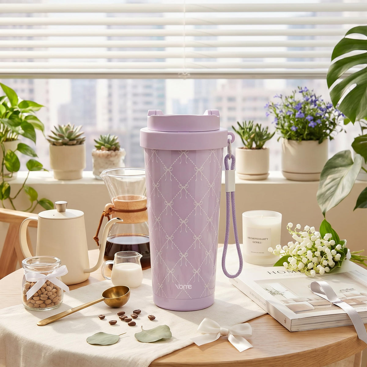 17oz Elegant Purple Bow Ceramic Lined Insulated Coffee Mug with Infuser for Women