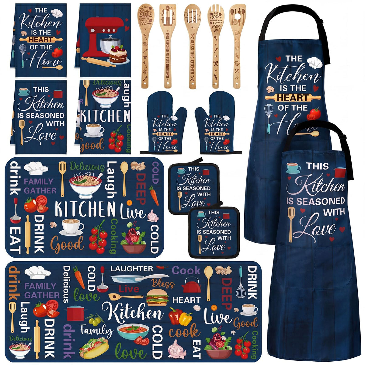 17 Pcs Blue Kitchen Decor and Accessories Blue Farmhouse Kitchen Set Rug and Mat Oven Mitts and Pot Holders Apron Dish Towels Cute Wooden Spoons for Holiday Decoration Home Housewarming Gift (17 Count)
